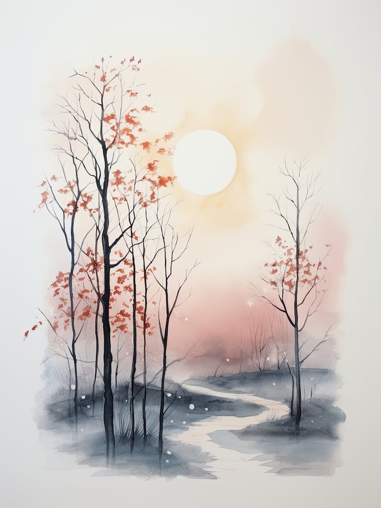 Watercolour Of A The Woods With A Moon 0