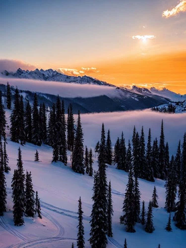 Les Trois Vallées, France Sunrise Skiing Poster