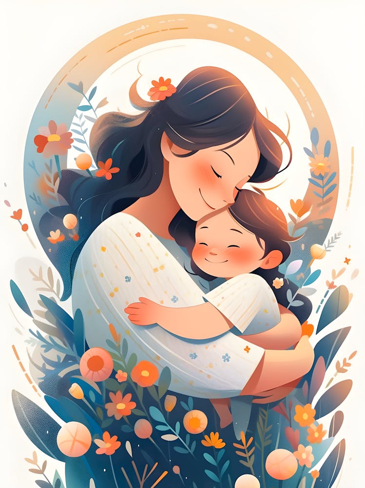 Mother and Child Illustration – Heartwarming Floral Art for Home Decor