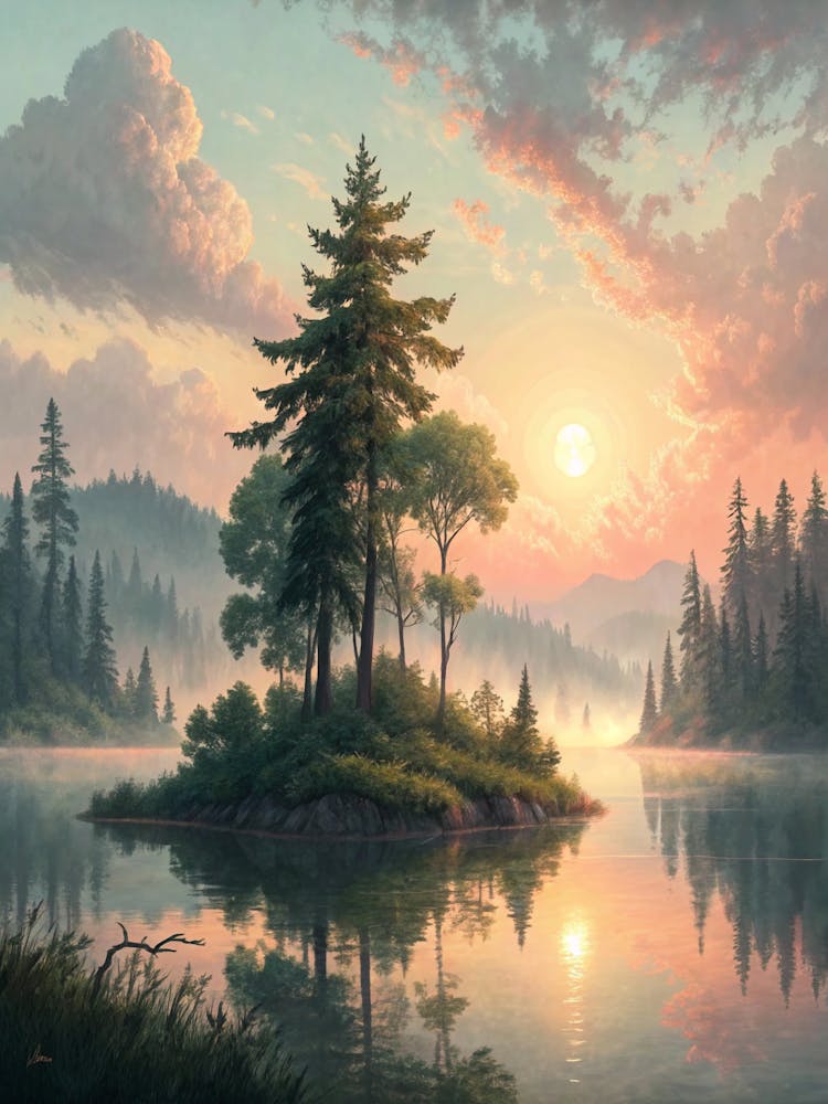 Oil Painting Style Hazy Sun Over Forested Island