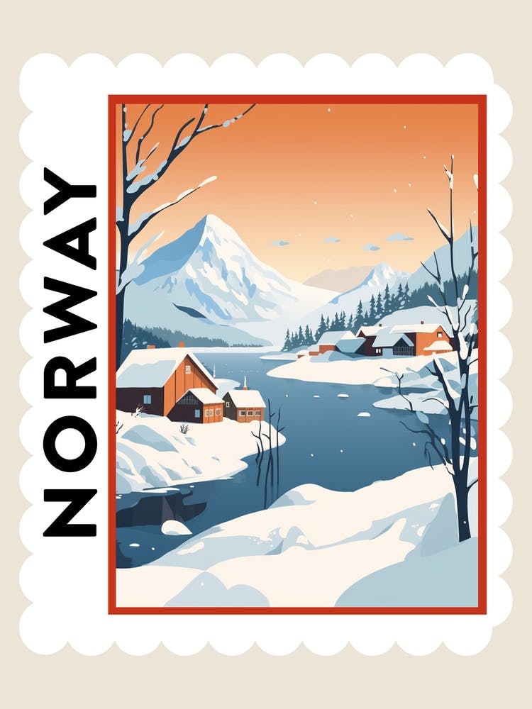 Retro Winter Stamp Poster Lofoten Islands Norway 3