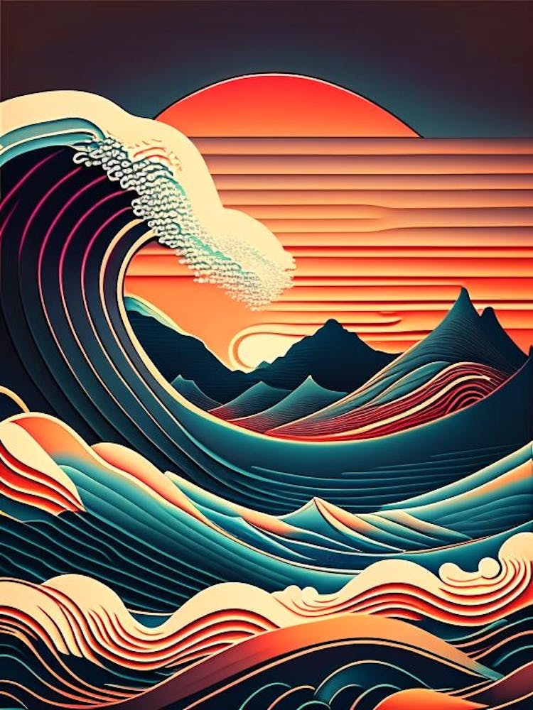 Waves Waterscape Retro Illustration 1