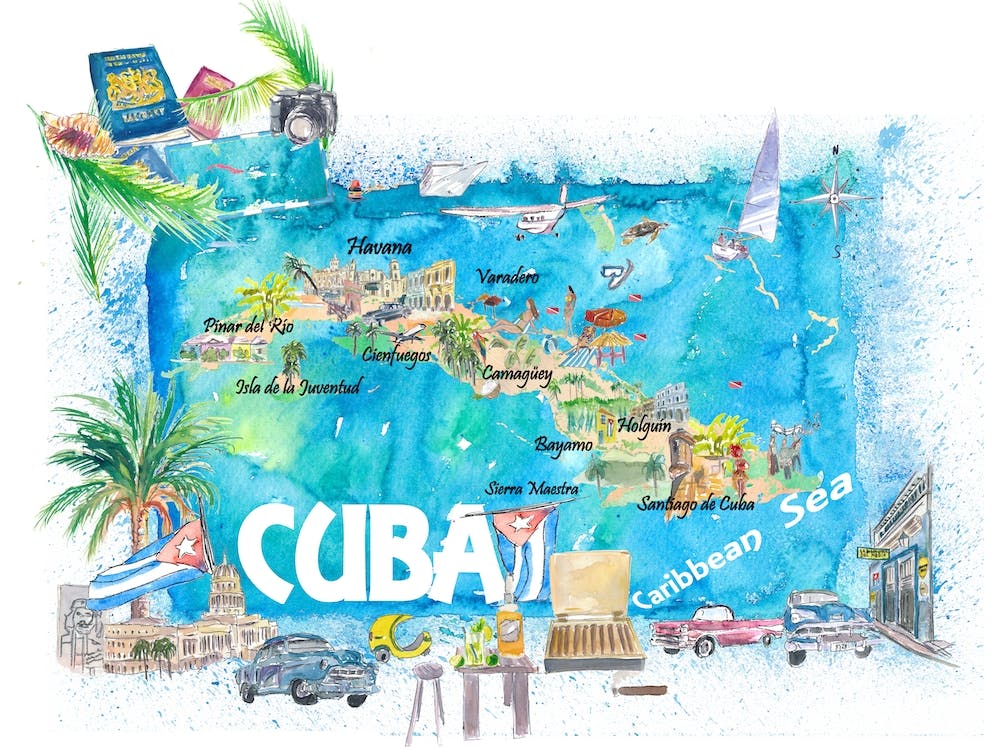 Cuba Illustrated Travel Map With Roads And Highlights