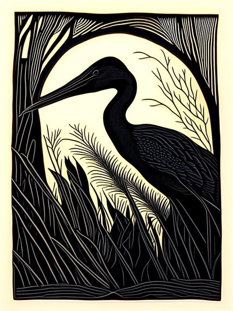 Black Heron Vintage Linocut 3