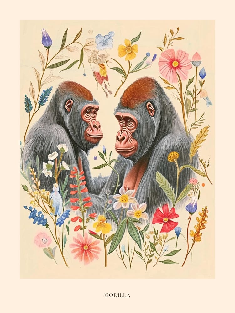 Volkstümliche Blumen-Tierzeichnung Gorilla Poster