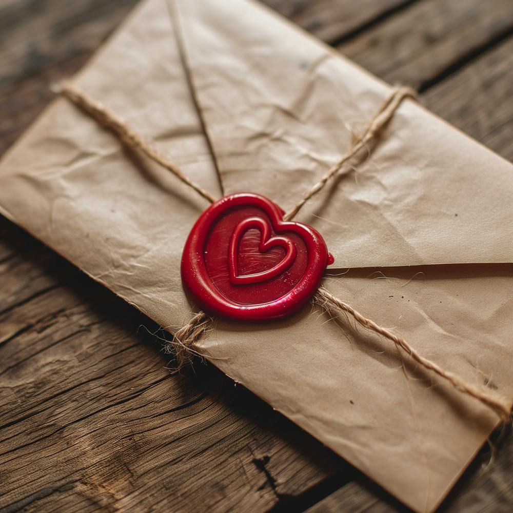 A vintage envelope secured with a red wax seal in the shape of a heart lies on a rustic wooden table