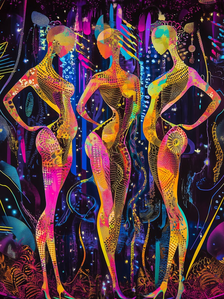 Three Graces, Reimagined Masterpiece in Synthwave Cyberpunk style.