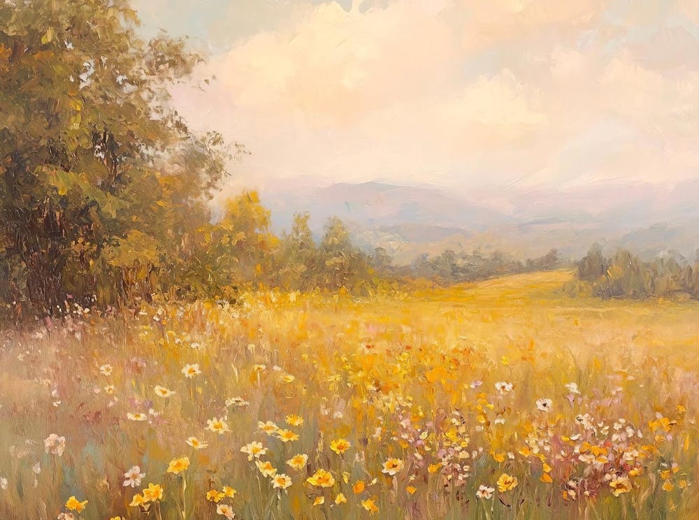 Wildflower Field Landscape Oil Painting, Vintage Landscape, Autumn Country Field Wall Art Digital Download, Nature Printable Art