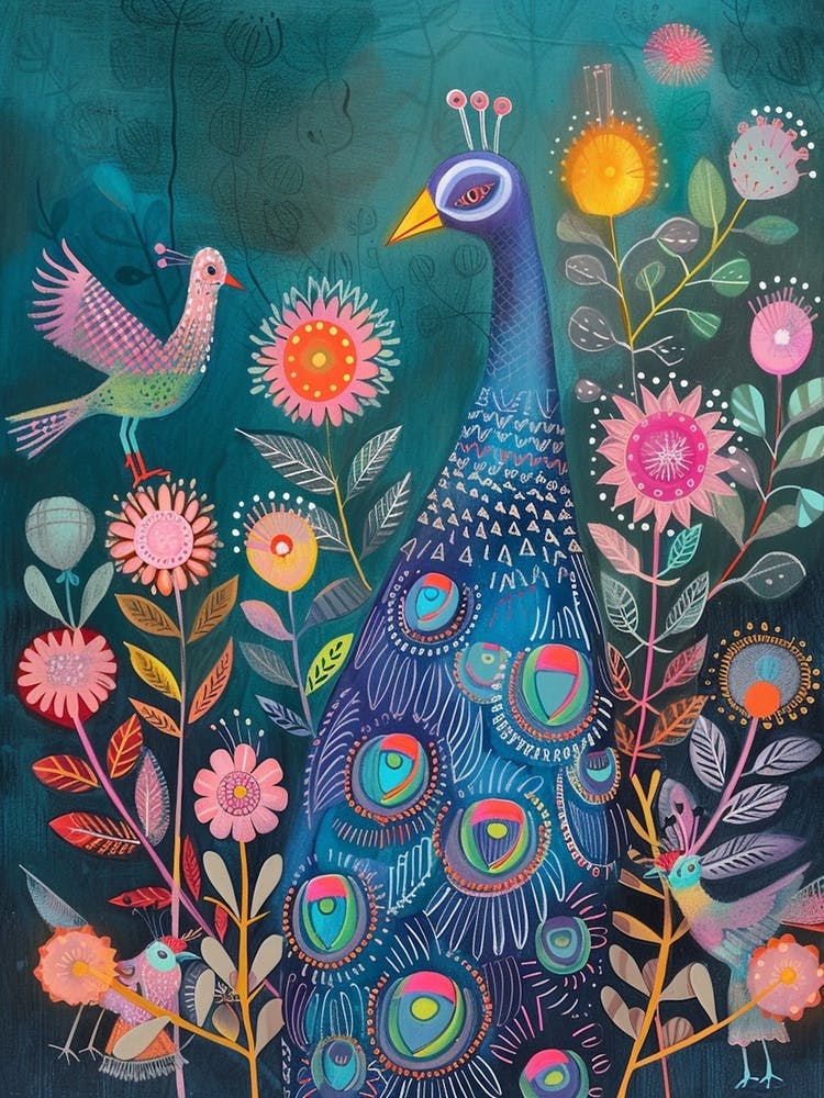 Peacock In The Flowers With A Bird Flying