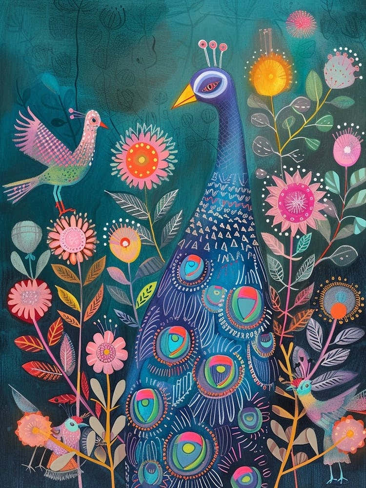 Peacock In The Flowers With A Bird Flying