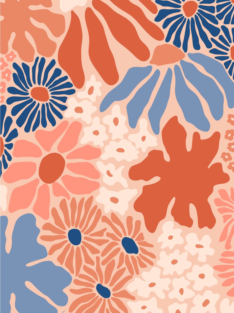 Floral Print in shades of orange and blue, warm palette