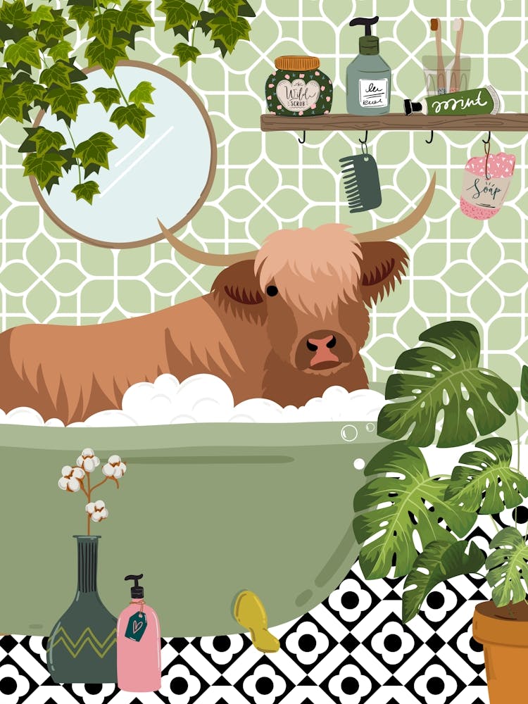 Highland Cow in Green Botanical Bathtub