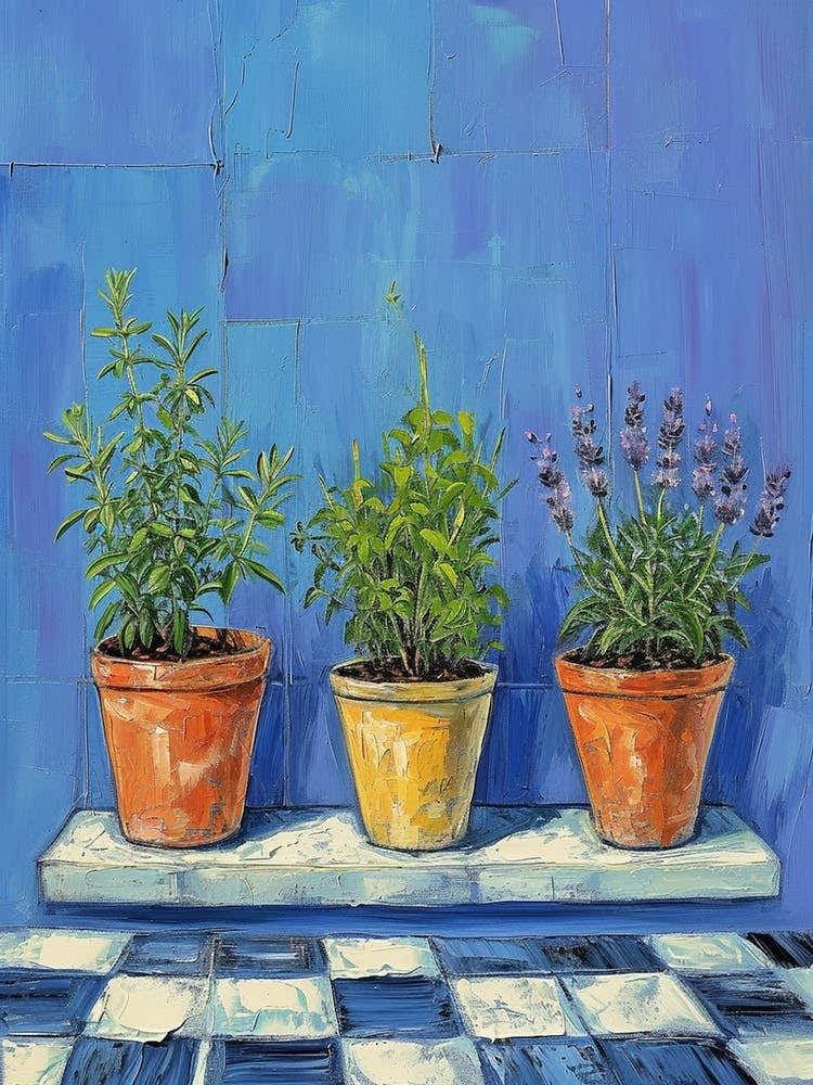 Potted Herbs On A Blue Checkered Windowsil 1