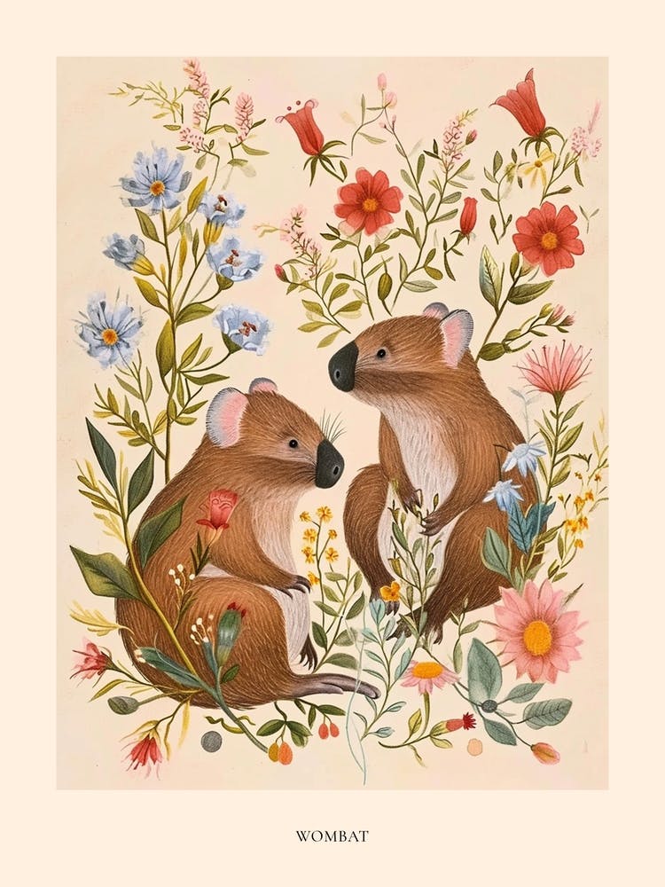 Folksy Floral Animal Drawing Wombat 3 Poster