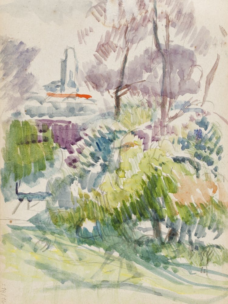 Maisema, Pensaita, Puita Ja Torni, Luonnos, 1910 1913 By Magnus Enckell