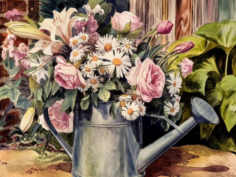 Rustic Watering Can with Garden Flowers - A Charming Still Life