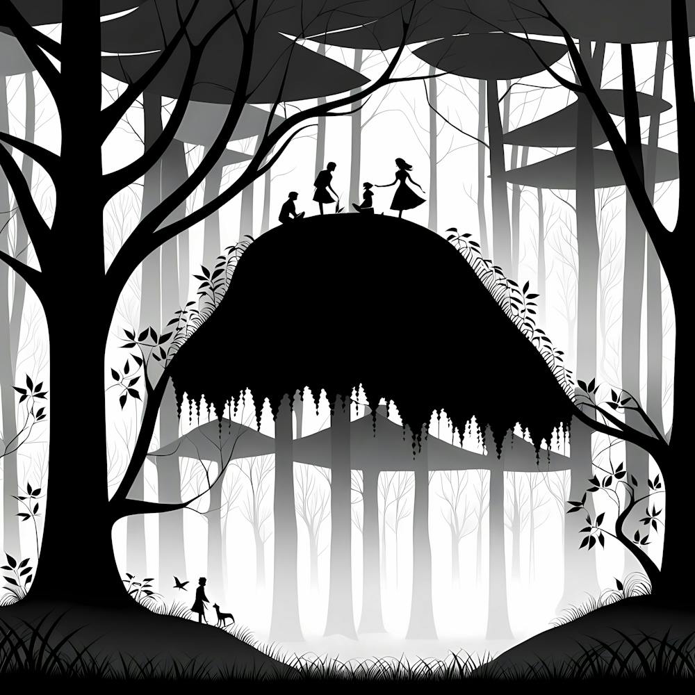 Create A Monochromatic Artwork That Delves Into The Mysterious Shadows Of An Enchanted Forest Emplo 439546787