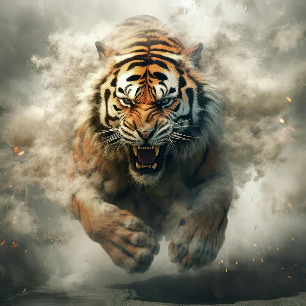 Tiger Running Through Smoke