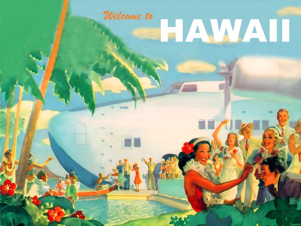 Hawaii, Big Tourist Airplane on The Port, Vintage Travel Poster