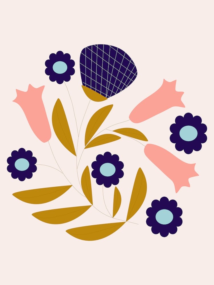 Dark Blue And Pink Retro Flower Composition