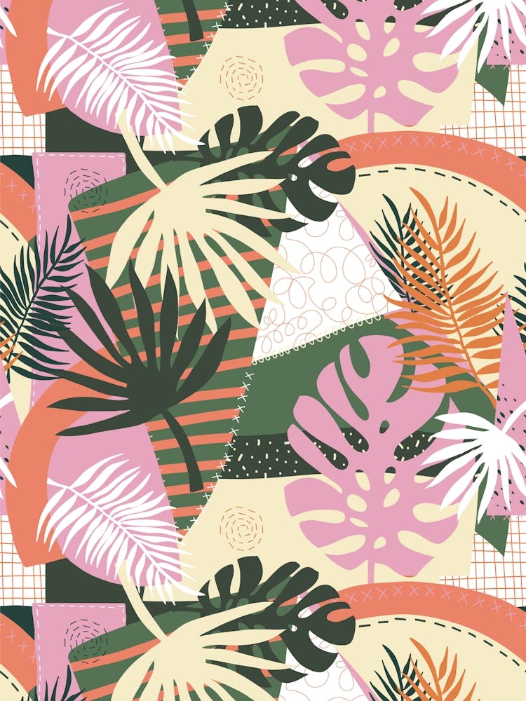Tropical Summer Plants Abstract Patchwork Collage - Gedämpftes Mehrfarbig