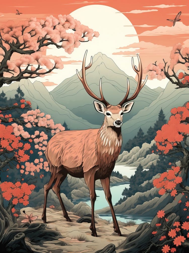 Deer Animal Drawing In The Style Of Ukiyo E 4