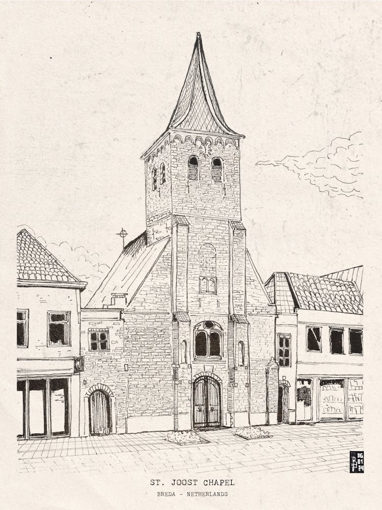 Joost Chapel Breda Netherlands - Dutch Church Vintage Architecture Sketch Art, Pen and Ink Illustration
