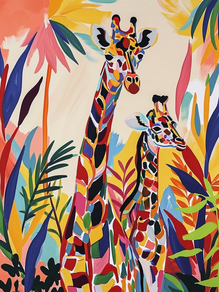 Watercolour Colourful Giraffe Pair 2