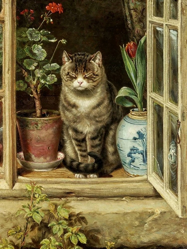 Blinking in the Sun "Tabby Cat by the Window" 1881 by Ralph Hedley HD
