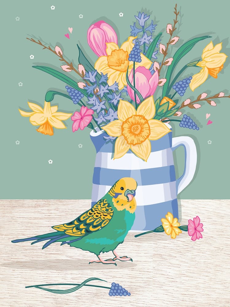 Budgie And Springflowers In A Cornishware Jug