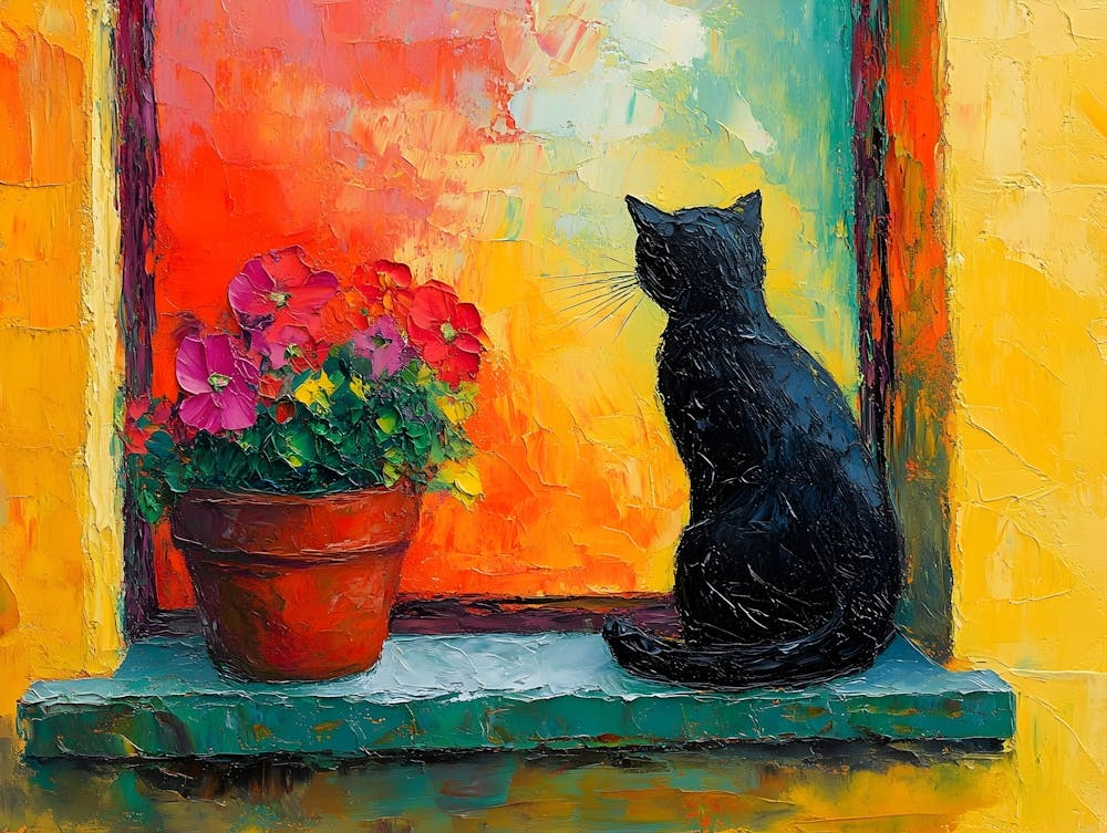 Cat In Window With Flowers 6