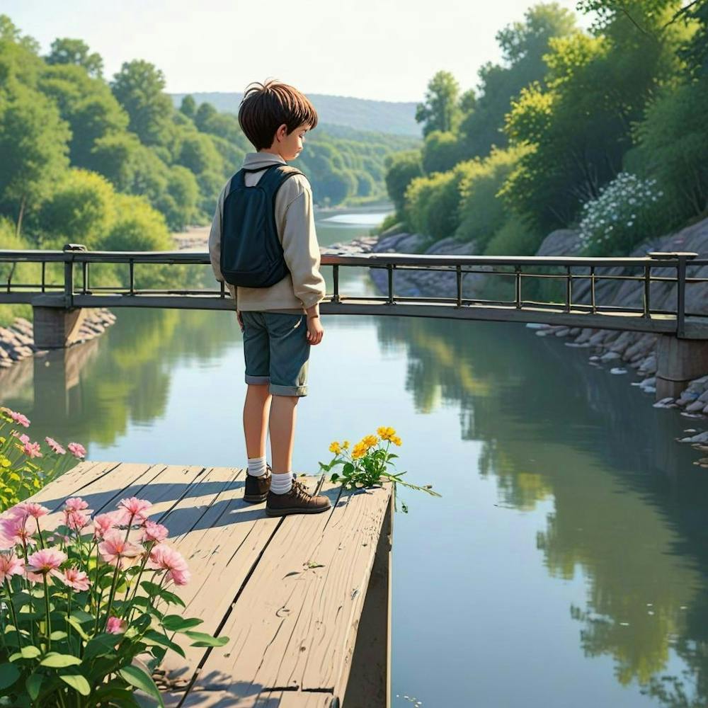 Alone Boy Stand Near The Lake