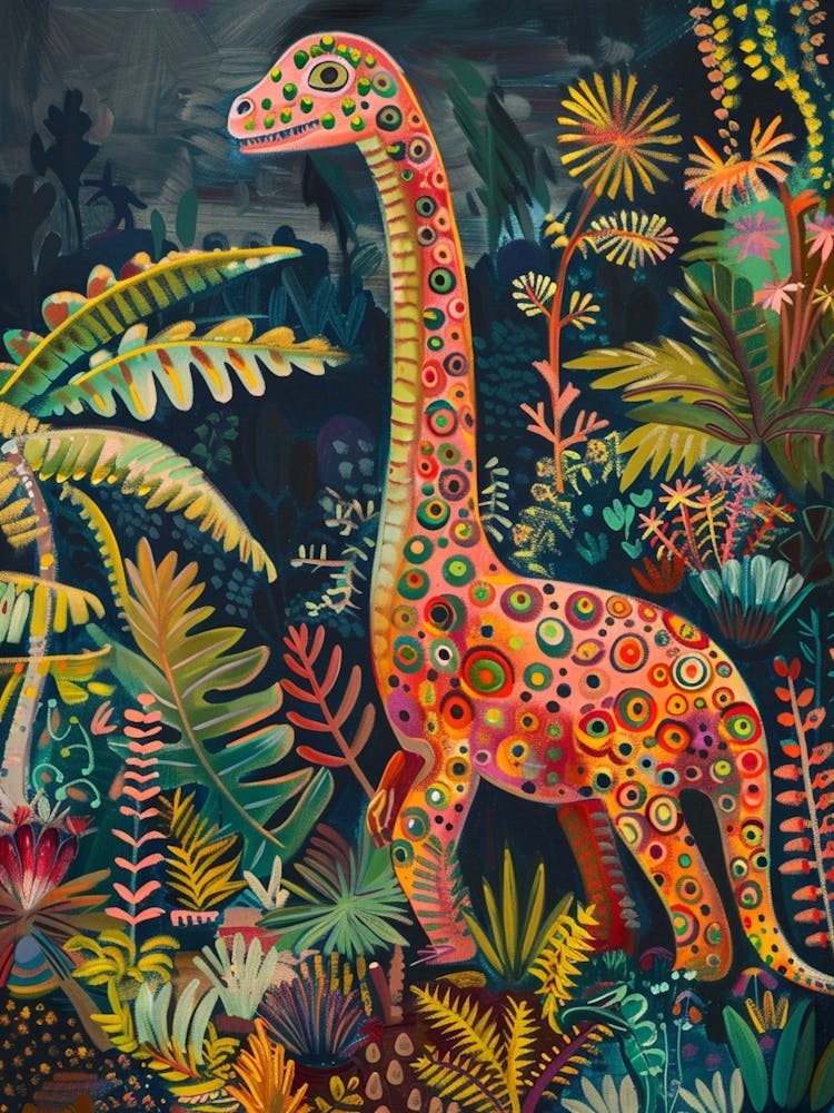 Colourful Dinosaur In The Leaves Painting 2