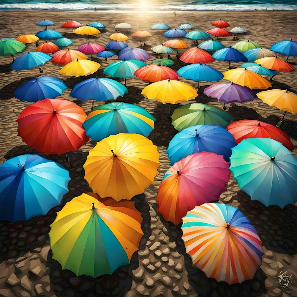 Brightly Colored Umbrellas Packed On A Sandy  Beach 