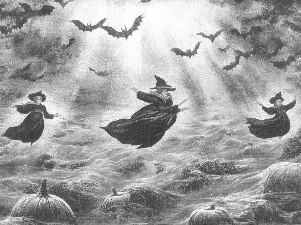 Witches Flying Over Pumpkins