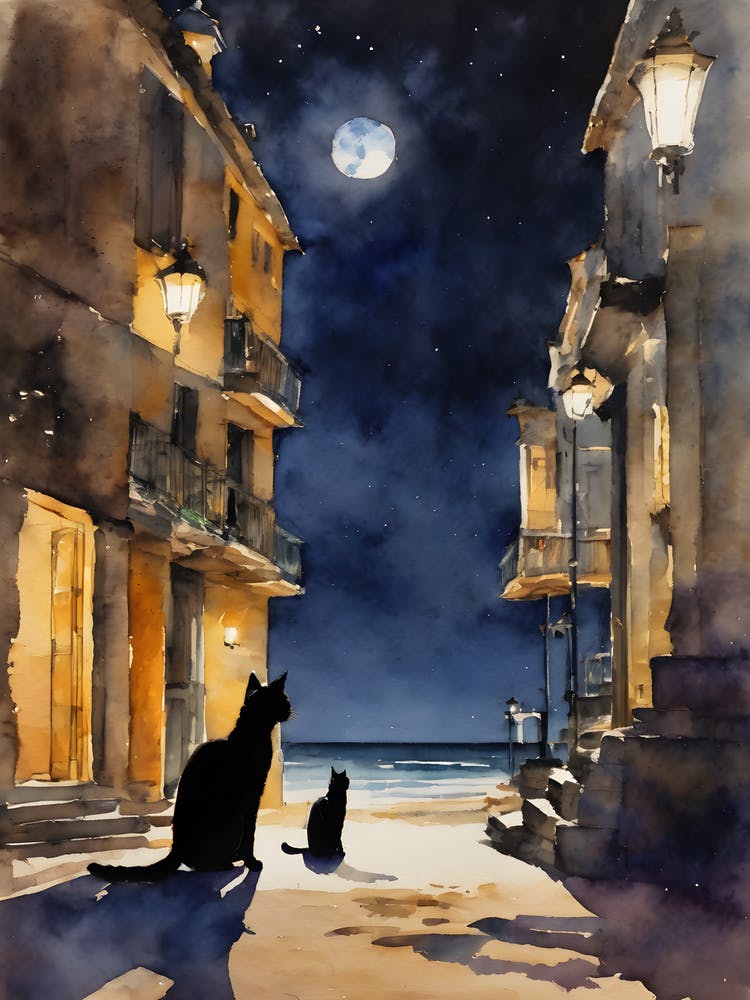 Black Cats by the Beach ~ Fairytale Witchy Sea Watercolor Witchcraft Halloween Dreamy Full Moon Cat Lady Painting