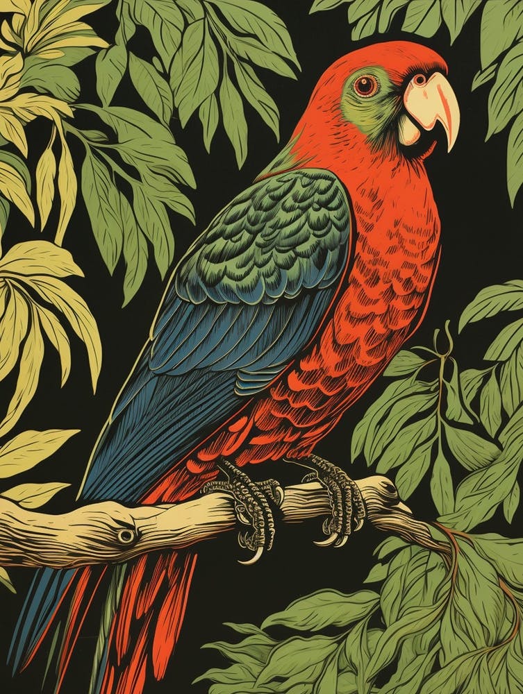 Vintage Bird Linocut Parrot 2