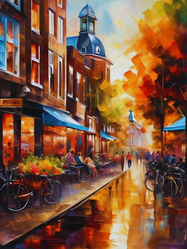 The city of Amsterdam, Netherlands, streets, cafes, passing by, the beauty of summer, oil colors.4