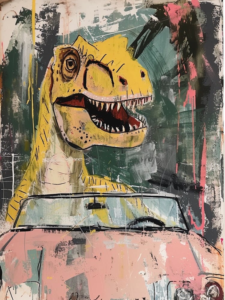 Graffiti Senffarbener Dinosaurier In Einem Auto