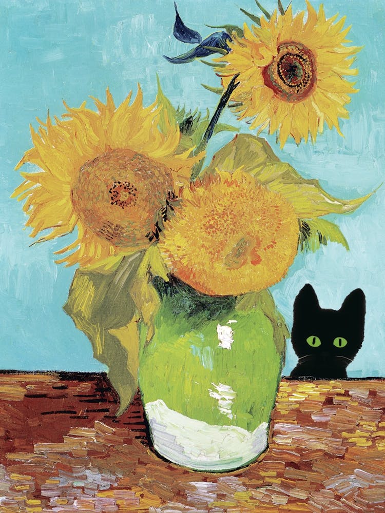 Vase With Three Sunflowers With A Black Cat, Van Gogh Inspired 