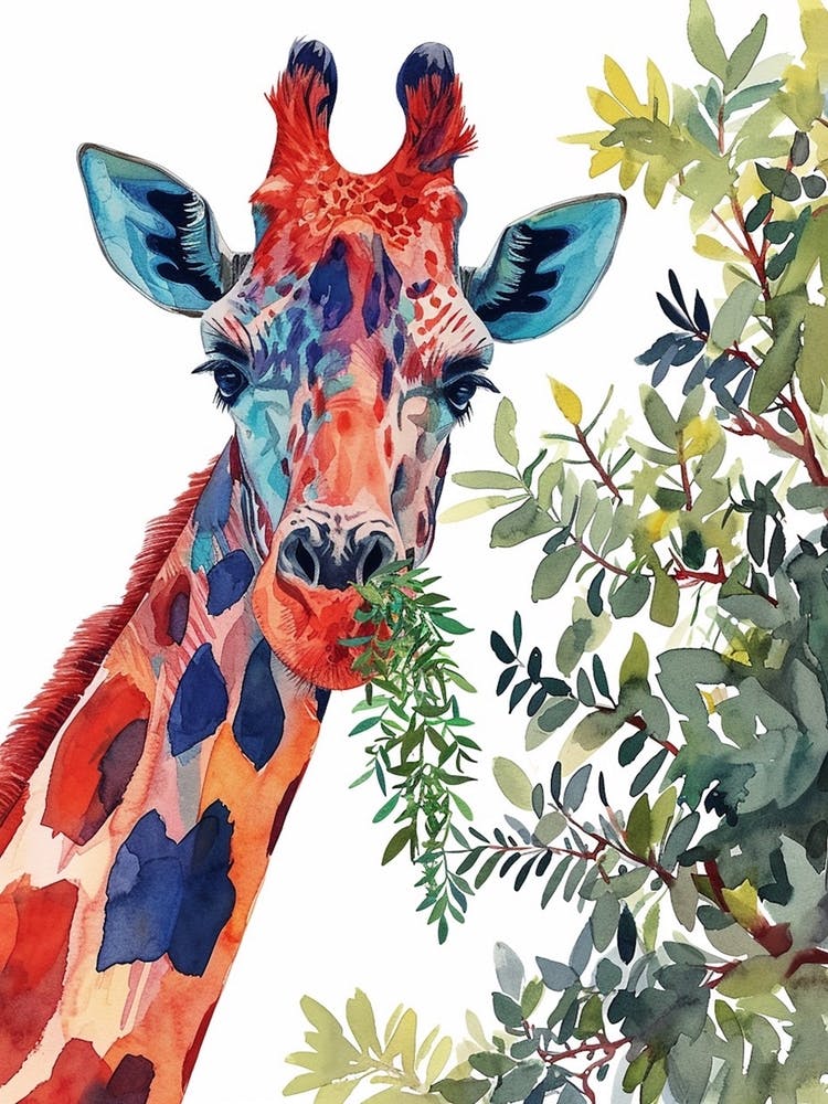 Aquarell Giraffenkopf in den Blättern 2