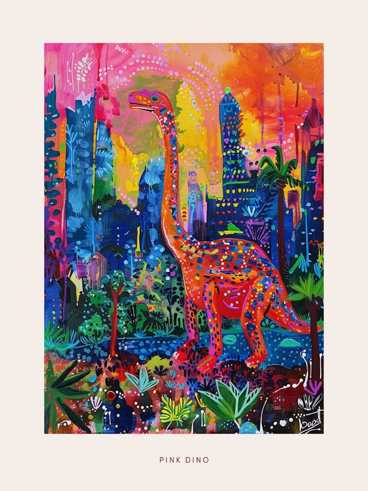 Pink Colourful Dinosaur Landscape Painting Poster