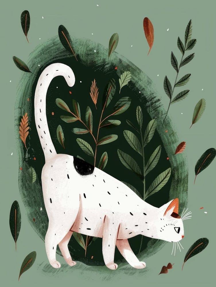 White Cat With Leaves