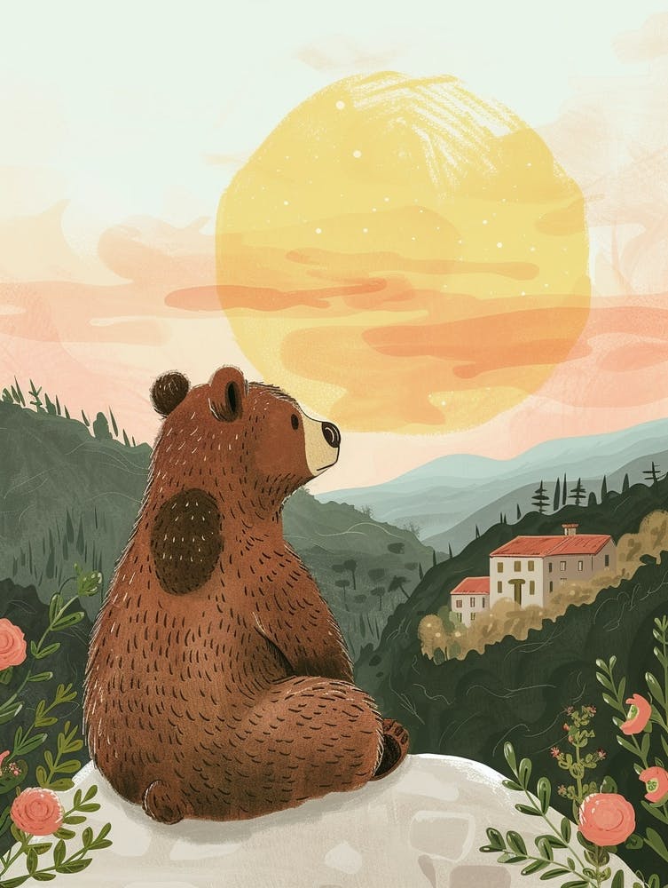 Brown Bear Looking At A Sunset From A Mountaintop Storybook Illustration 4