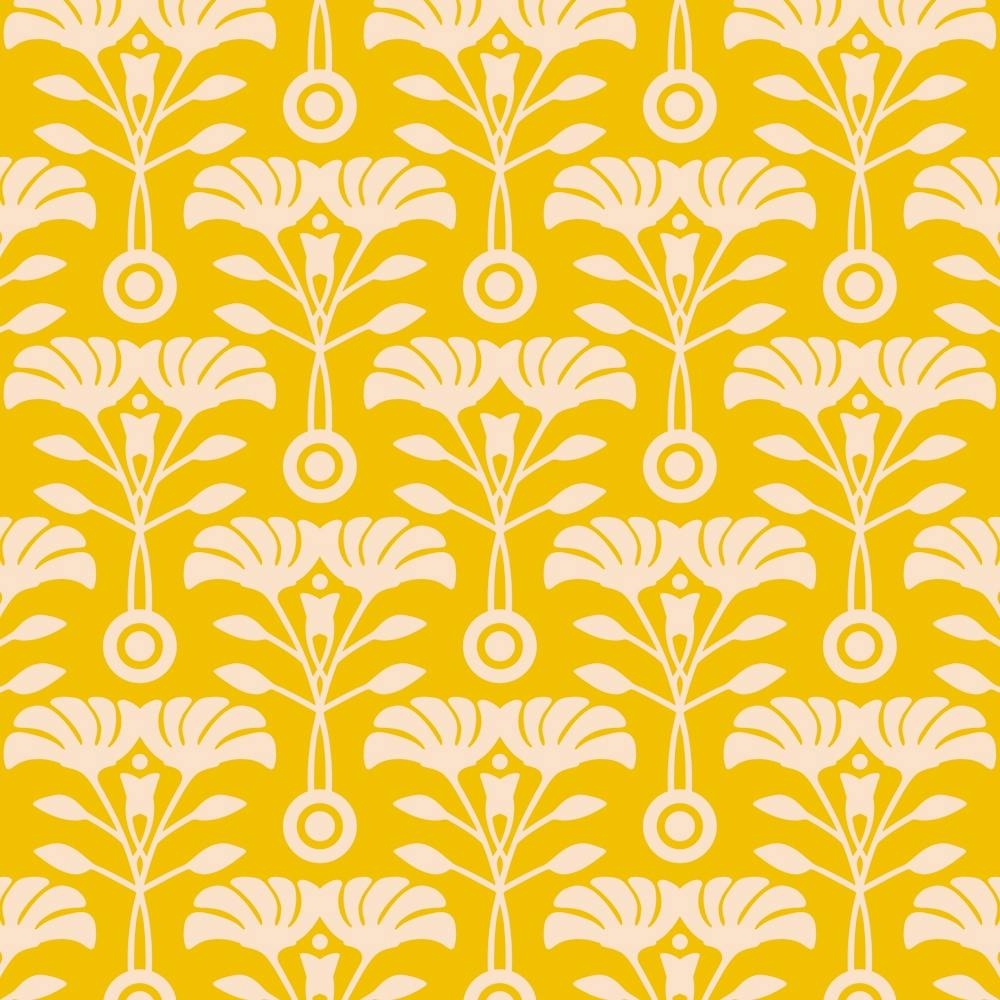 ART NOUVEAU Retro Mod Vintage Floral Botanical in Ecru Cream on Bright Yellow