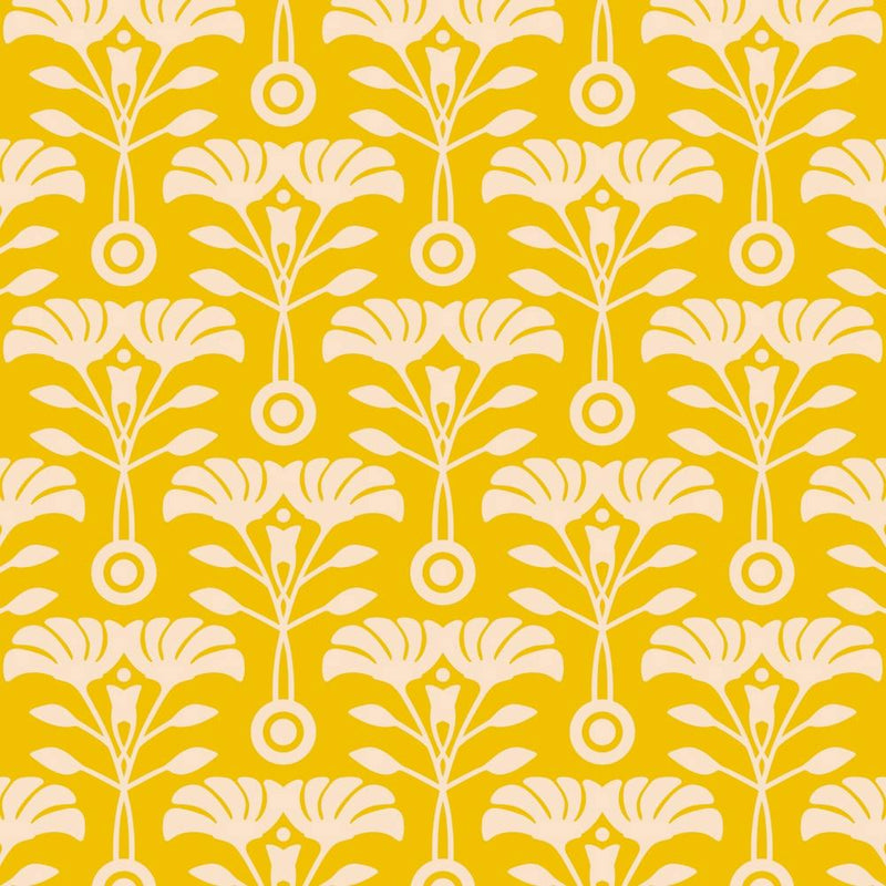 ART NOUVEAU Retro Mod Vintage Floral Botanical in Ecru Cream on Bright Yellow