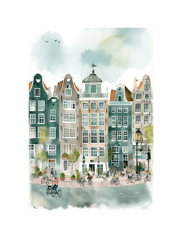 Amsterdam Houses Green Watercolour