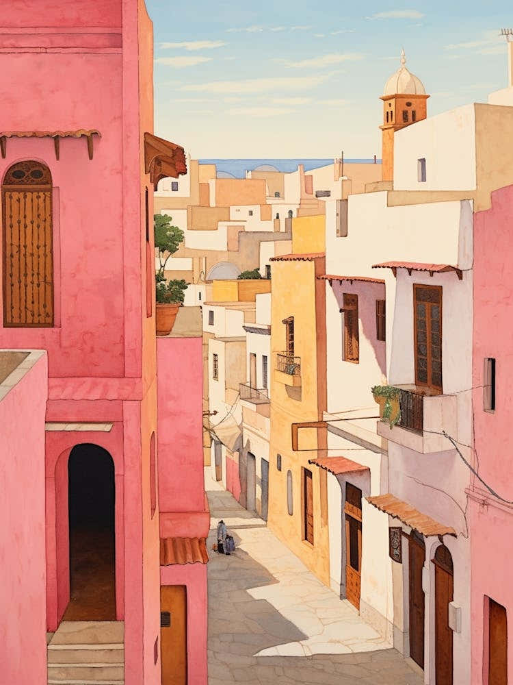 Tangier Morocco 2 Vintage Pink Travel Illustration