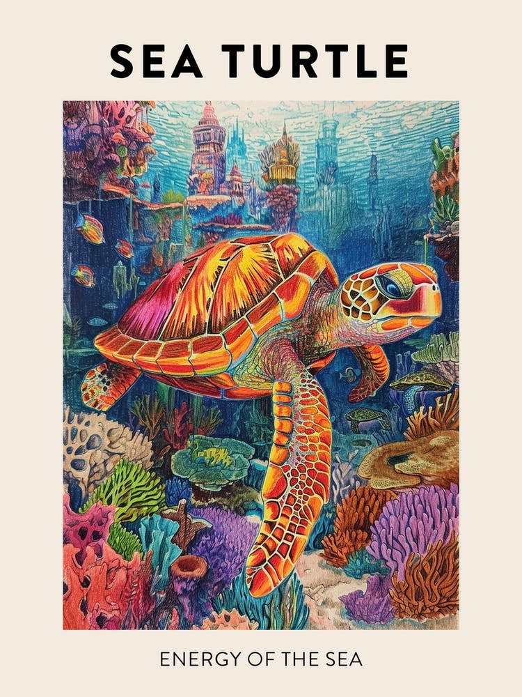Meeresschildkröte in einer Regenbogen-Unterwasserwelt Bleistiftzeichnung Poster