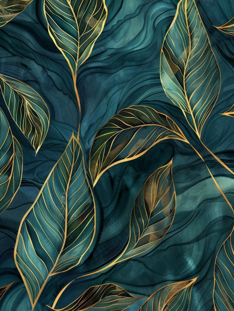 Gold Leaves On A Blue Background